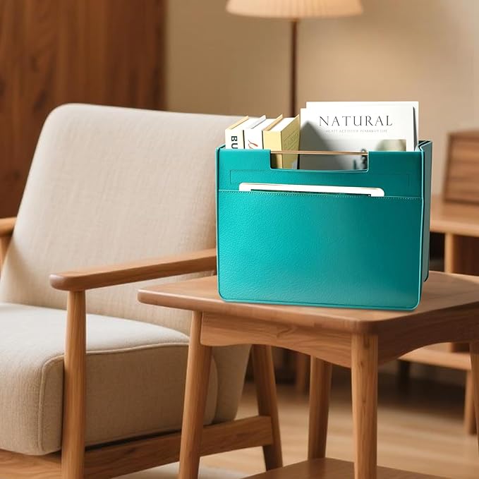 Leather Magazine Holder Foldable with Handles，Stable Magazine Rack Floor，Magazine Basket File Holder Storage，Document File Folder Organizer Free Standing for Office Living Room (green)