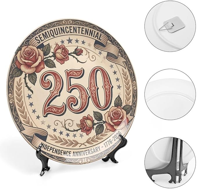 250th Anniversary Decorative Plates 10 Inch Vintage Floral Patriotic Decorations Commemorative Plates with Stand Semiquincentennial 4th of July Veterans Day Home & Office