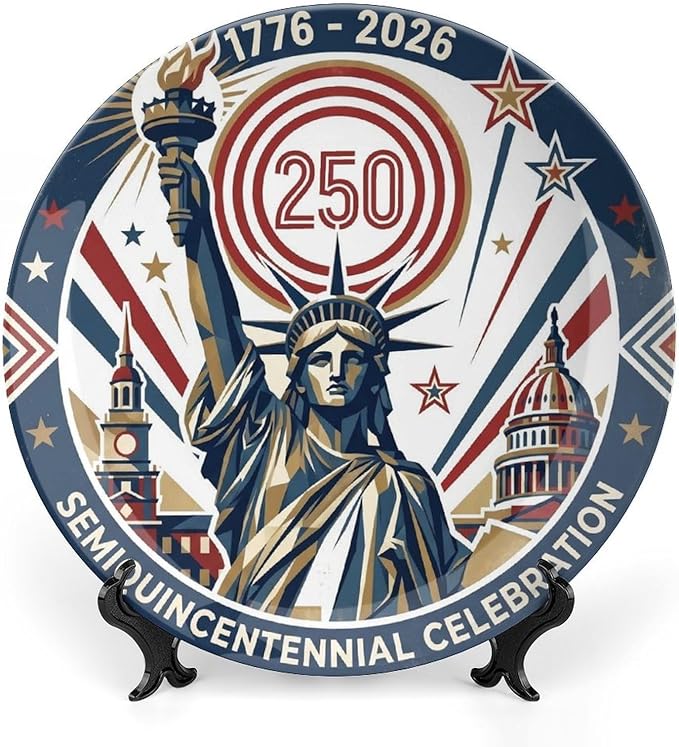 250th Anniversary Decorative Plates 10 Inch Liberty Patriotic Decorations Commemorative Plates with Stand Independence Day 4th of July Semiquincentennial Decor