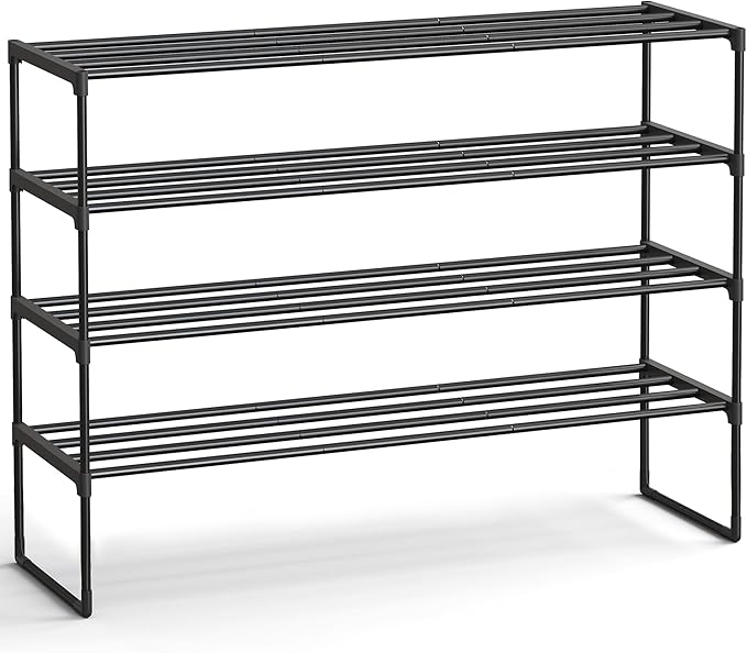 SONGMICS Shoe Rack, 4-Tier Shoe Organizer, Metal Storage Shelf, Upright or Upside Down, for 25-30 Pairs, Stackable, for Entryway, 11.8 x 46.1 x 28.4 Inches, Black ULSA034B01