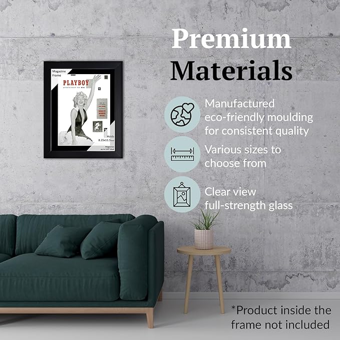 Creative Picture Frames 8.25 x 11.50 Magazine Frame with Full-Strength Glass, Holds Up To A 1/4" Thick Media with Installed Hangers for Easy Mounting, 11x14 Black Frame with Black Mat