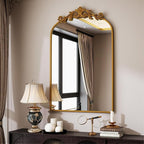 VooBang Vintage Arched Bathroom Mirror, 24x36 Inch Retro Wall Mounted Vanity Mirror with Carved Pattern Top and Metal Frame, Gold Decorative Mirror for Hanging or Leaning
