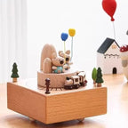 Natural Solid Wood Handcrafted Beech Wooden, Musical FigureTotoro/Carousel/Fairy/Ballerina Figurine,Rotating Hand Crank Mechanism Music Box,Musical Decorations (Little Bear and Train)