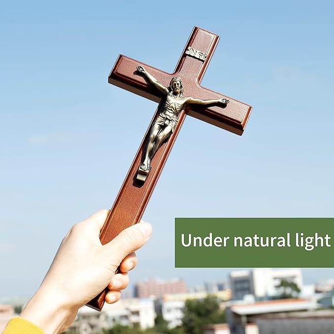 ARCHOBAN Crucifix Wall Cross Catholic, 12 Inch Wooden Cross with Jesus Christ for Home Decor - Brown + Antique Brass