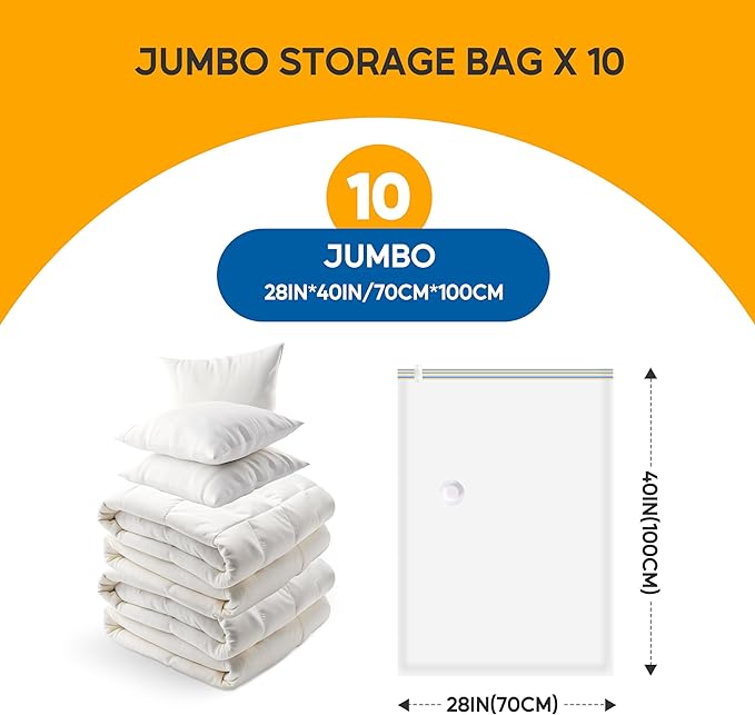 10 Jumbo Vacuum Seal Bags with Hand Pump, Vacuum Storage Bags, Space Saver Bags for Clothing, Comforters, Blankets, Bedding, Pillows
