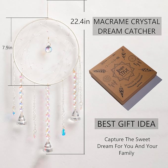 Artilady Dream Catchers with Crystals - Large White Boho Moon Dream Catcher Wall Decor House Decorations for Home Girls Kids Baby Bedroom Room Decor Christmas Birthday Teen Girl Boys Gifts