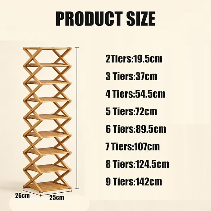9 Tier Bamboo Shoe Rack, Foldable Shoe Rack, Shoe Rack, Ertical Shoe Organizer for Small Spaces, No Assembly Narrow Shoe Shelf for Entryway Closet Dorm (Yellow, 5 Layers)