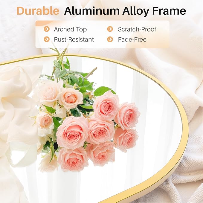Bathroom Mirror for Wall, 38x26 Inch Arched Mirror, Matte Gold Metal Framed Bathroom Vanity Mirror for Restroom Farmhouse, Anti-Rust, Tempered Glass, Hanging or Leaning