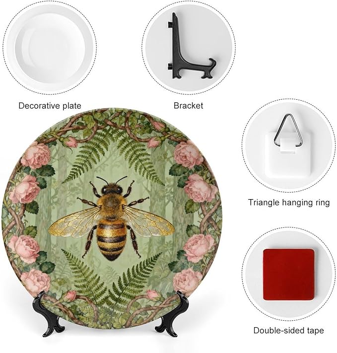 Art Nouveau William Morris Forest Roses And Bees Decorative Plate of 6", 7", 8", 10", Customize Christmas Ceramic Dinner Plates, Custom Gifts, Kitchen Display Household, with Vertical Stand