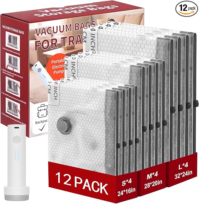 Rechargeable Wireless Pump Travel Storage Bags Set, 12 Combo (4S/4M/4L) Portable Space Saver Bags for Travel & Home, Vacuum Compression Packing Seal for Clothes, Blankets, Home Seasonal Storage