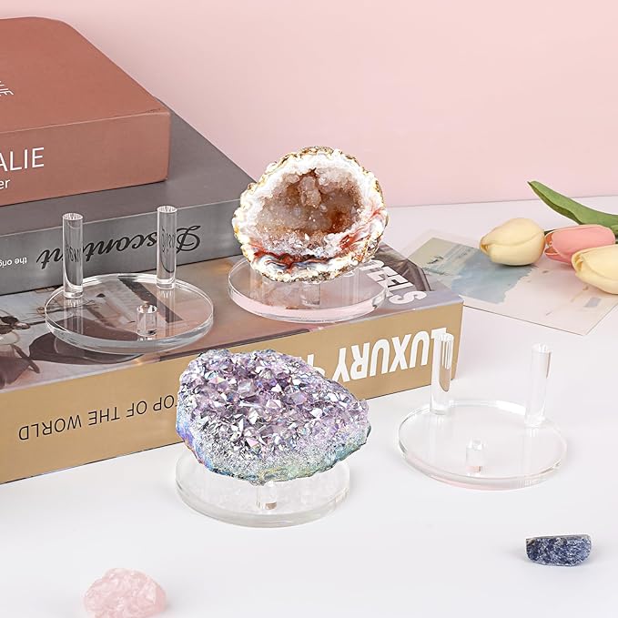 Hipiwe Clear Acrylic Display Stand - Three-Peg Display Easel Stands for Fossil Coral Geodes Rock Mineral Agate,Large Crystal Display Stand with Round Base, Set of 4