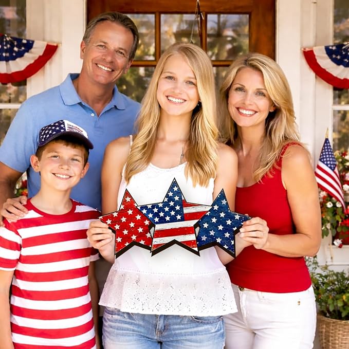 Wooden 4th of July Decorations Patriotic Wreaths for Front Door Independence Day Decorations Star Sign Welcome Memorial Day Hanging for Home Wall Decor Outdoor Indoor Red White and Blue Wreath 10