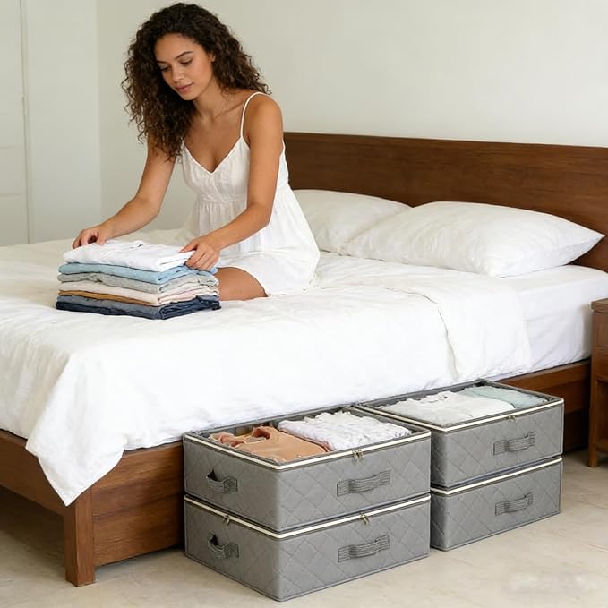 4 Pack Under Bed Storage, Closet Organizers and Storage Containers with Clear Window Foldable Underbed Storage Bags for Clothes,Shoes, Blankets Pillows, Linen Sheets, Grey 60L