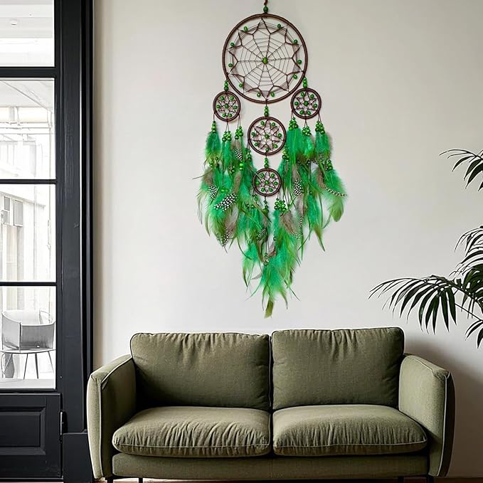 Large Dream Catcher Wall Decor Green Dream Catchers with Wooden Bead Handmade Feather Dreamcatcher Wall Hanging Ornament for Bedroom Living Room Home Decor