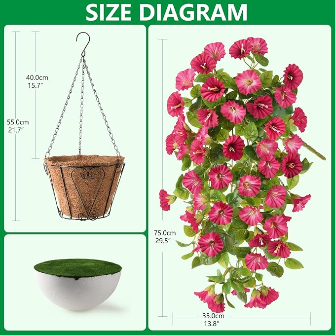 Homusnny Artificial Hanging Fake Flowers with Basket Plants Spring and Summer Outdoor Decoration, Faux Silk Flower UV Resistant Morning Glory for Home Porch Patio Garden Balcony Yard etc.(Red)
