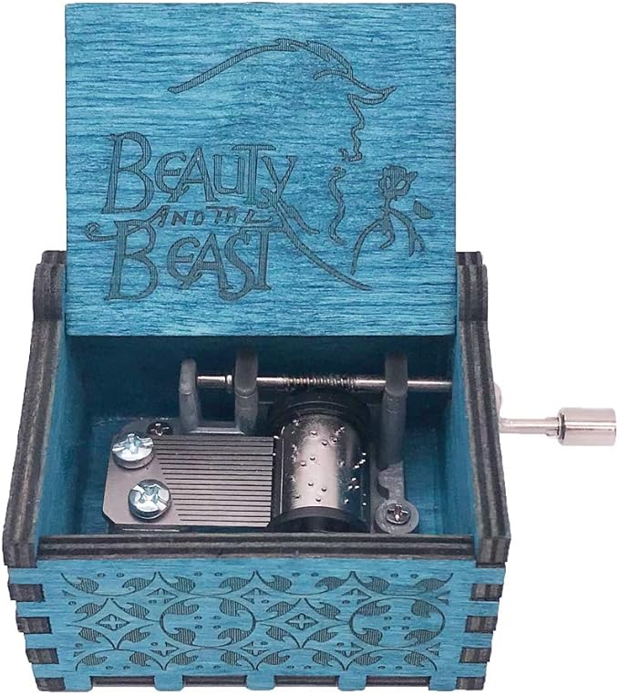 Youtang Beauty and The Beast Music Box Hand Crank Musical Box Carved Wooden,Play Beauty and The Beast Theme,Blue