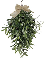 24 Inch Artificial Teardrop Swag Olive Wreath with Bow, Hanging Green Leaves Teardrop Door Wreath with Fruits, Faux Spring Greenery Wreath for Front Door Wall Farmhouse Decor