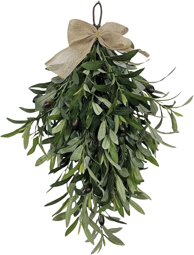 24 Inch Artificial Teardrop Swag Olive Wreath with Bow, Hanging Green Leaves Teardrop Door Wreath with Fruits, Faux Spring Greenery Wreath for Front Door Wall Farmhouse Decor