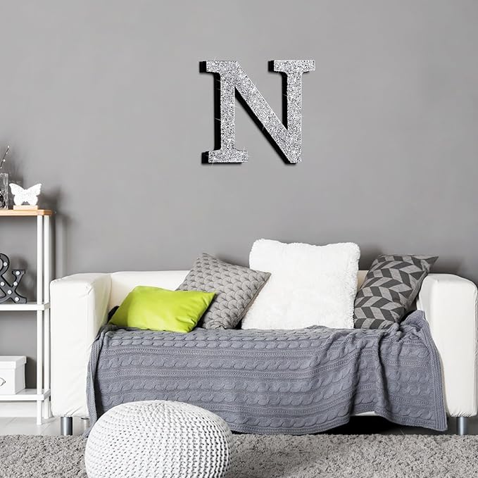 Qunclay 8'' Silver Crystal Diamond Bling Letters Crushed Diamond Decoration Wooden Glitter Letter with Screw and Hooks Rhinestone Gift for Wedding Y2k Mcbling Bedroom Wall Decor (Letter N)