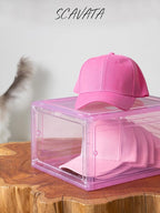 6 Pack Hat Organizer Box, Stackable Clear Baseball Caps Holder Box Containers with Magnetic Door for Hats Snapback Cap Storag, Hat Rack Display Case, Holds 8 Hats Each (Pink)