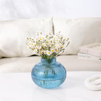 Blue Glass Vase for Tulips, Ribbed Glass Vase for Flowers, Round Flower Vases, Small Short Vases for Living Room, Office, Coffee Table, Shelf, Wedding, 6 Inches