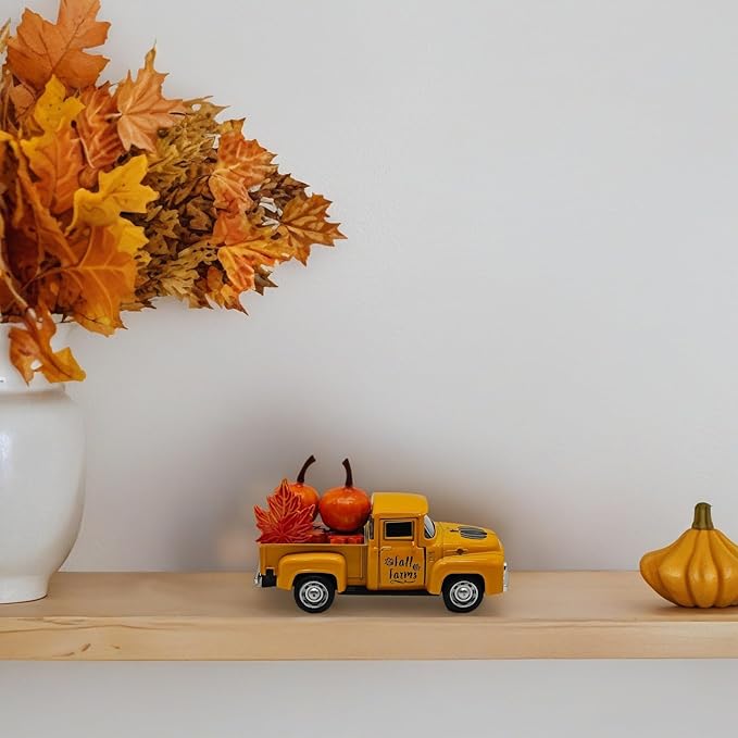 4.9″ Mini Fall Vintage Metal Pumpkin Truck Decor with Pumpkins and Maple Leaves - Fall Rustic Farmhouse Style Table Centerpiece, Thanksgiving & Autumn Havest Tiered Tray Decoration for Home Kitchen