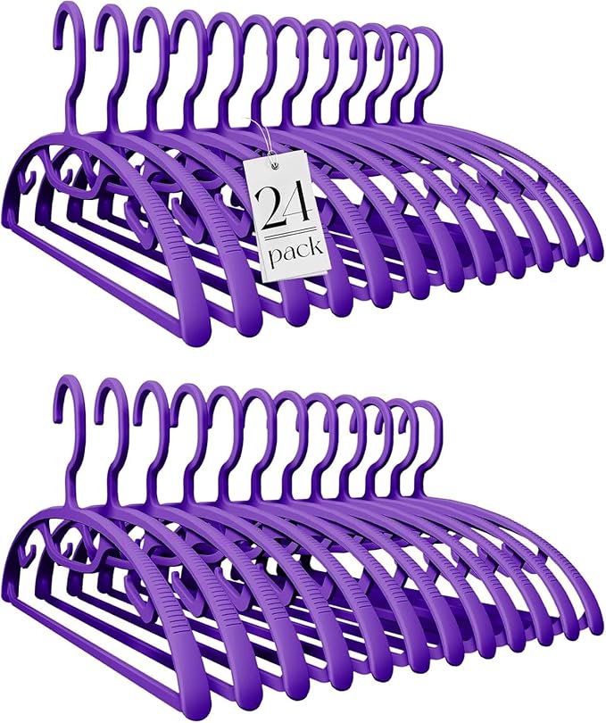 HOUSE DAY Plastic Clothes Hangers 24 Pack, Sweater Hangers No Shoulder Bump, Thick Heavy Duty Coat Hanger for Closet, Purple Wide Hanger with Non-Slip Hook for Sweaters, Suits, Dresses, Jackets, Pants