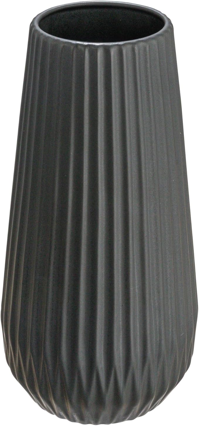 Bloomingville Round Stoneware Fluted Vase with Embossed Lines, Matte Black