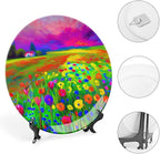Decorative Plates for Wall Hanging, A Vibrant Wildflower Field Ceramic Plate, Wobble-Plate with Display Stand, Home Decor for Kitchen Cabinets, Farmhouse Round Tray 7 Inch