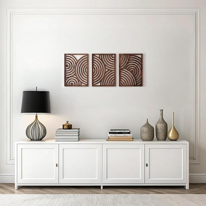 qmmp Modern Wooden Wall Sculptures - Set of 3 - Home Decor Accent - Large Wall Art for Living Room, Bedroom, Office - Easy Installation (Walnut, Medium - Orbit)