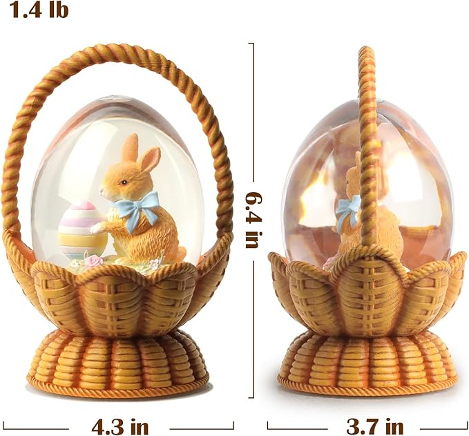 Easter Snow Globe Basket Easter Bunny Eggs Decorations Gifts Auto Snowfall Glitter Music Collection with 6H Timer USB/Battery Powered 6.4 Inch