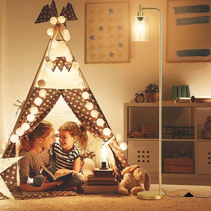 Ziisee Floor Lamps for Living Room - Standing Lamp with Seeded Glass Shade, Modern Gold Floor Lamp with LED Bulbs, Bright Industrial Floor Lamp for Bedroom, Tall Lamp for Office - Gold