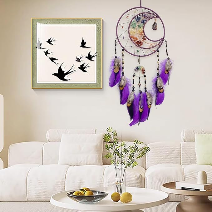 Purple Large Dream Catcher Wall Decor Crystal Tree of Life Dream Catchers with Stone Pendant Handmade Feather Dreamcatcher Wall Hanging Ornament for Bedroom Living Room Home Decor
