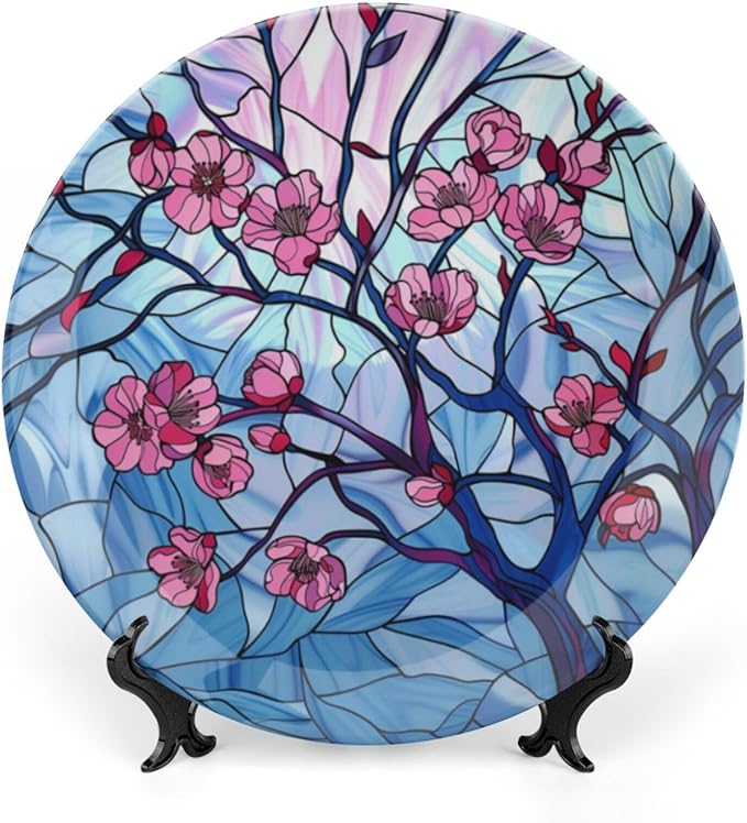 Stained Glass Theme Decorative Ceramic Plate Round Porcelain Plate,7 inch,Cherry Tree Pattern,for Decorative Ornaments Giving Plates, 1 Plate with 1 Display Stand,Blue Pink