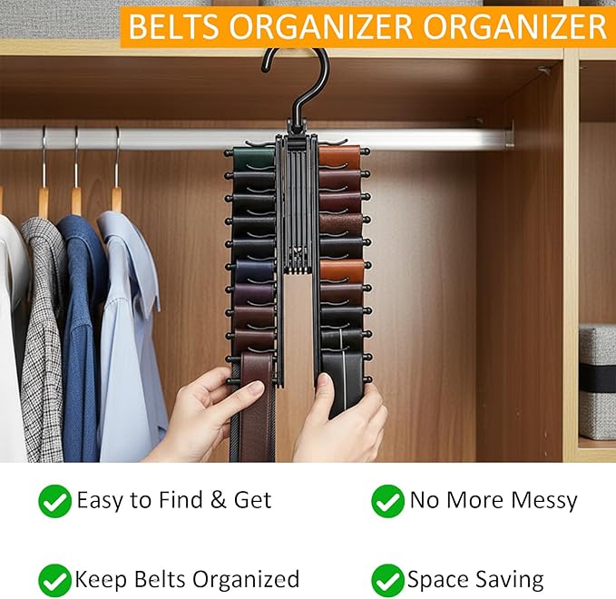2Pack Belt Hanger,Belt Holder Organizer with Non-Slip Clips,Belt Hanger Wall Mount,Tie Hanger for Closet for Belt, Scarves,Ties, Hats,Camisoles,Bras