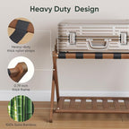 26.77“ Fully Assembled Dark Walnut Luggage Racks with Folable Storage Shelf, 5 Heavy-Duty Straps Bamboo Suitcase Stand, Luggage Holders for Guest Room, Bedroom, Hotel