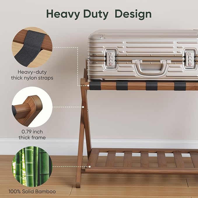 26.77“ Fully Assembled Dark Walnut Luggage Racks with Folable Storage Shelf, 5 Heavy-Duty Straps Bamboo Suitcase Stand, Luggage Holders for Guest Room, Bedroom, Hotel