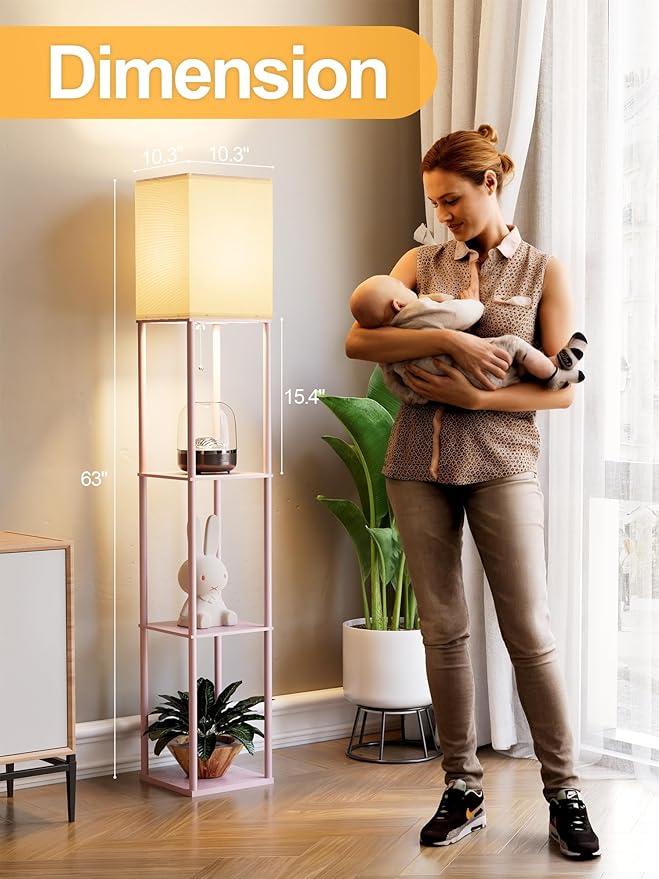 Pink Floor Lamp with Shelves for Living Room, Shelf Floor Lamp with 3 CCT LED Bulb, Corner Display Standing Column Lamp Etagere Organizer Tower Nightstand with White Linen Shade for Bedroom, Office