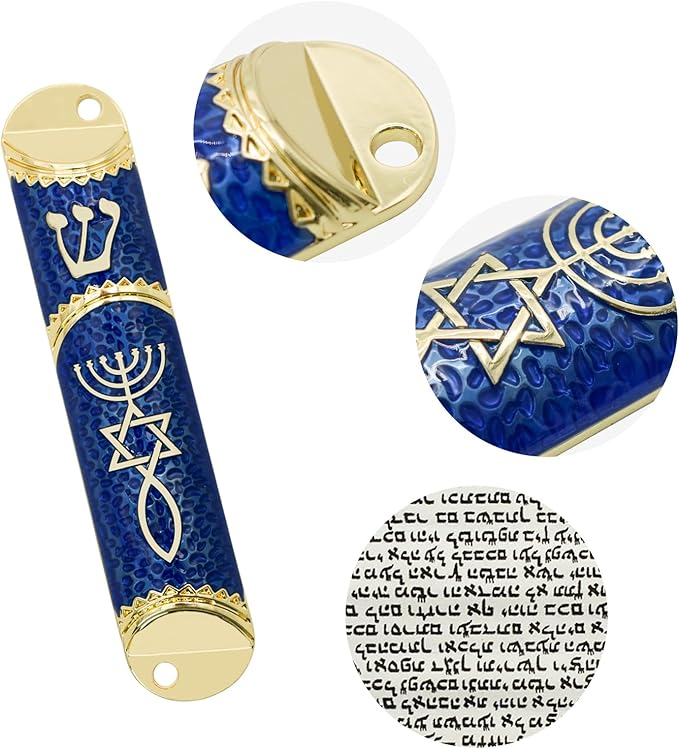 Mezuzah with Scroll for Door, Metal Mezuzah Case with Messianic Seal for Hebrew Home Blessing, Jewish Gifts, Jewish House Warming Decor, Christmas, Easter (Blue)