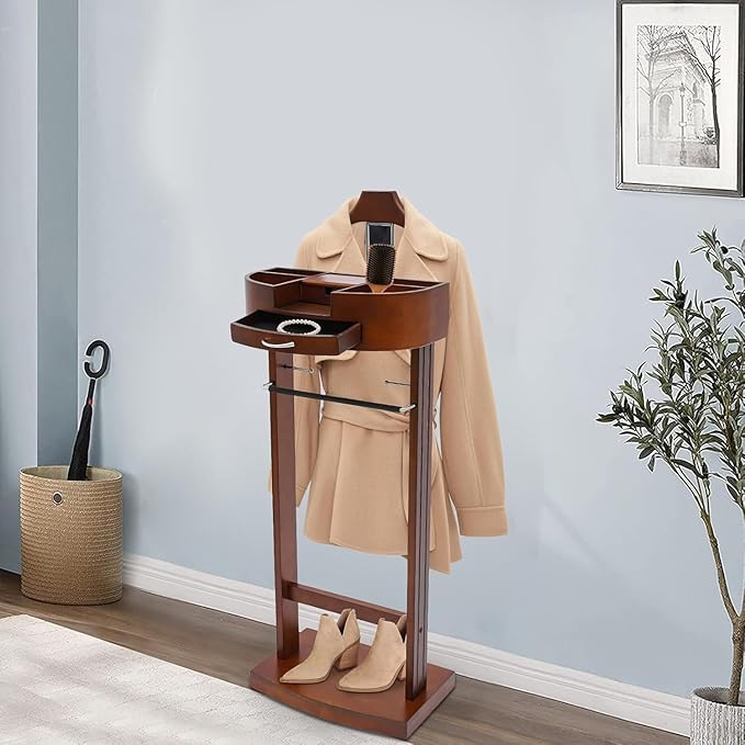 Wooden Suit Rack with Drawer, Valet Stand for Men & Women, Freestanding Clothing Valet Organizer with Wooden Shelf and Charging Port, Solid Birch & Iron Bronze, Holds 22 lbs, for Bedroom Office