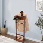 Wooden Suit Rack with Drawer, Valet Stand for Men & Women, Freestanding Clothing Valet Organizer with Wooden Shelf and Charging Port, Solid Birch & Iron Bronze, Holds 22 lbs, for Bedroom Office