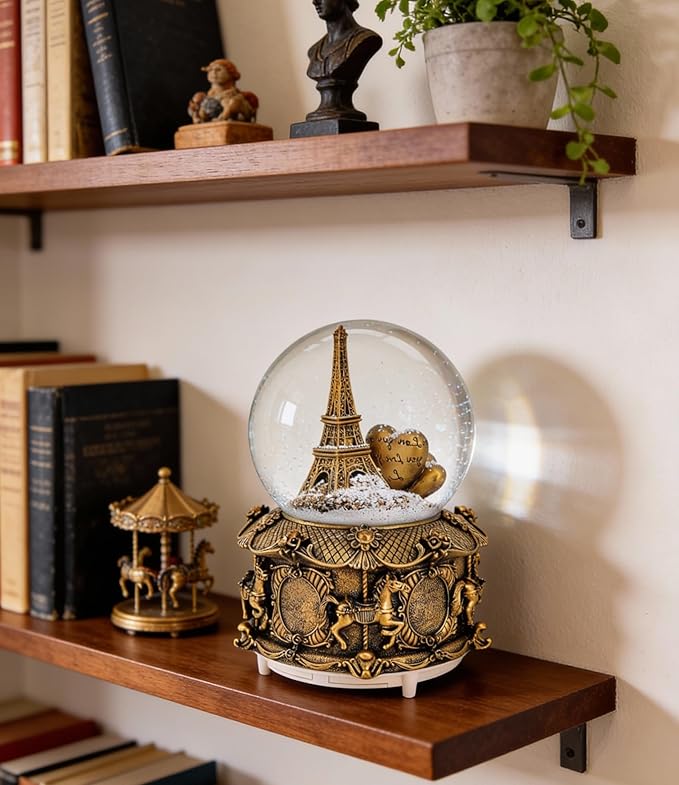LED Music Snow Globe Vintage Eiffel Tower Buildings Embedded Carousel Retro Home Decoration for Book Shelf Cabinet Floating Board Office Desk Table Top Decor Centerpieces Ornament (Gold)