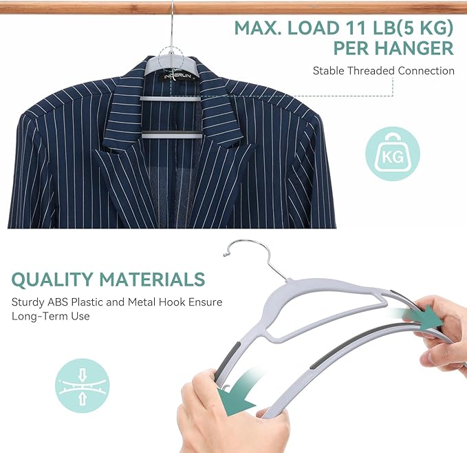 50-Pack Heavy Duty Coat Hangers, Non-Slip, 0.2'' Slim, 360° Swivel Hook, 16.5 Inches Wide, Space-Saving Plastic Clothes Hangers for Suit, Shirt & Pants, Light and Dark Gray