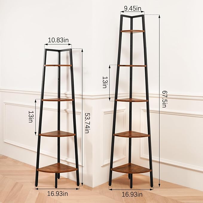 Yoobure 4-Tier Corner Bookshelf with Metal Frame - Ladder Display Shelf for Bedroom and Living Room, Tall Wood Corner Bookcase and Plant Stand