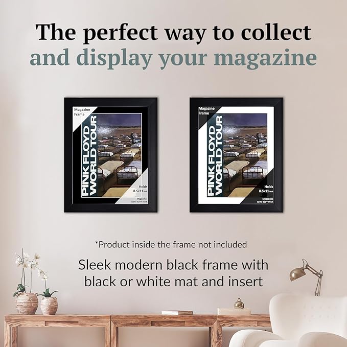 Creative Picture Frames 8.5 x 11 Magazine Frame with Full-Strength Glass, Holds Up To A 1/4" Thick Media with Installed Hangers for Easy Mounting, 11x14 Black Frame with Black Mat
