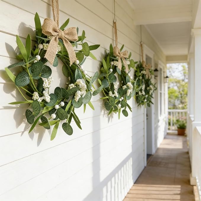 12 Pcs Green Artificial Eucalyptus Swag Wreaths Spring Summer Wreath with White Berries Mini Green Kitchen Cabinet Wreaths with Ribbon for Front Door Porch Wall Window Farmhouse Decoration