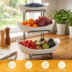 jessie 3 Tier Ceramic Fruit Basket for Kitchen Counter with Metal Stand, Fruit Bowls with Rack, Porcelain Bowls for Vegetable Bread Candy Snack Nuts Dessert Cake Tray