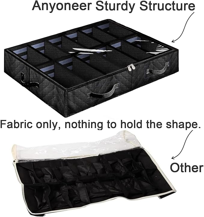 Under Bed Shoe Storage Organizer, Set of 2, Sturdy Structure, Adjustable Dividers, Reinforced Handle, Sturdy Zipper, Underbed Storage Solution with Clear Window, Breathable, Black