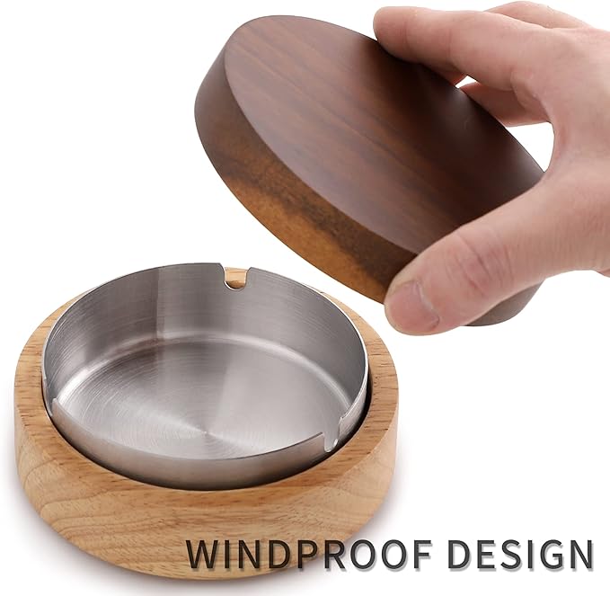 Wooden Ashtray with Lid for Smokers Stainless Steel Liner Ash Tray Windproof Durable Easy to Clean Cool Ashtrays for Indoor or Outdoor Use, Patio, Office & Home