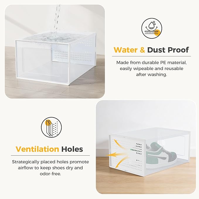 NEWBULIG 12 Pack Clear Shoe Storage Boxes, Shoe Organizer for Closet with Lid, Plastic Stackable Breathable Shoe Cabinet with Lid for Sneakers, Heels & Boots, White